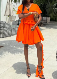 New Style Temperament V-neck Ruffled Short Sleeve Top High Waist Skirt Set