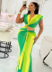 Green Pleated Hollow Slim V-Neck Tie Hip Dress