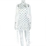 White Sexy Polka Dot Patchwork Halter Wrapped Skirt Dresses