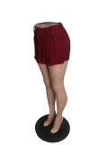 Wine Red Nostalgic Washed Stretch Denim Cotton Short Hip Skirt Pants