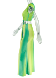 Green Pleated Hollow Slim V-Neck Tie Hip Dress
