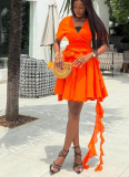 New Style Temperament V-neck Ruffled Short Sleeve Top High Waist Skirt Set
