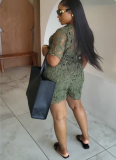 Army Green Lace Stand Collar Short Sleeve Shirt High Waist Shorts Two-piece Set
