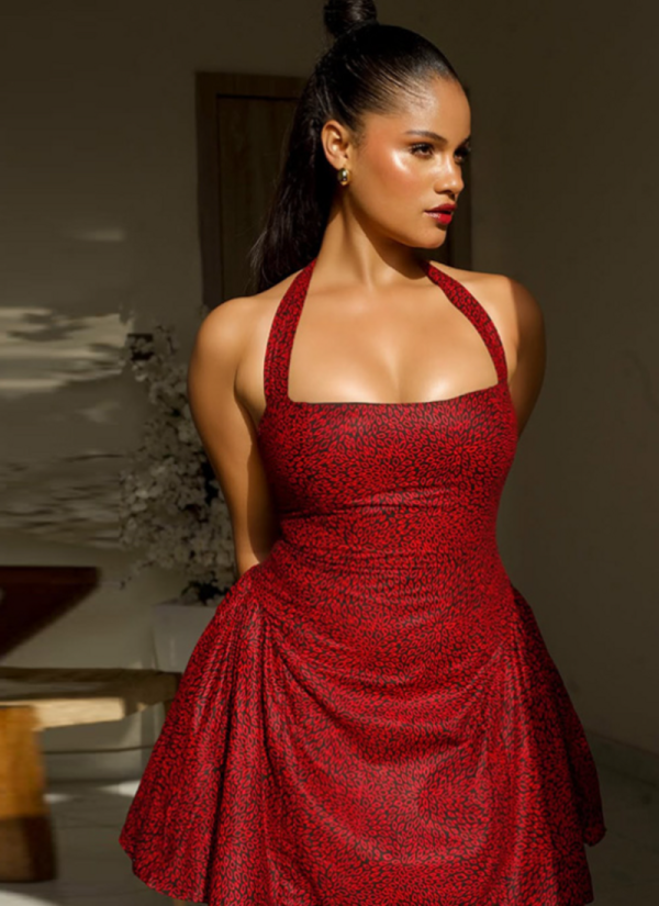 Women'S Pleated Printed Halter Neck Backless Short Dress