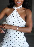 White Sexy Polka Dot Patchwork Halter Wrapped Skirt Dresses