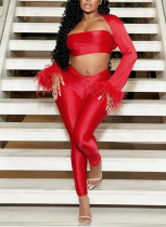 Red Sexy Solid Color Feathers Strapless Long Sleeve Three Pieces