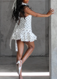 White Sexy Polka Dot Patchwork Halter Wrapped Skirt Dresses