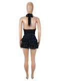 Sexy Polka Dot Print Halter Neck Vest with Ruffled Short Skirt Set