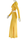 Temperament Pleated Hollow Navel-Exposing Long-Sleeved Top Solid Color Long Skirt Two-Piece Set