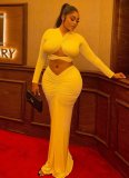 Temperament Pleated Hollow Navel-Exposing Long-Sleeved Top Solid Color Long Skirt Two-Piece Set