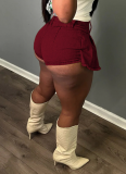 Wine Red Nostalgic Washed Stretch Denim Cotton Short Hip Skirt Pants