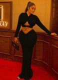 Temperament Pleated Hollow Navel-Exposing Long-Sleeved Top Solid Color Long Skirt Two-Piece Set