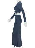 Temperament Pleated Hollow Navel-Exposing Long-Sleeved Top Solid Color Long Skirt Two-Piece Set