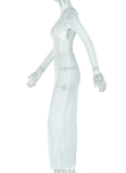 Slim Fit Women's Sexy Backless Stand Collar Long Sleeve Solid Color Long Dress