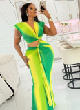 Green Pleated Hollow Slim V-Neck Tie Hip Dress