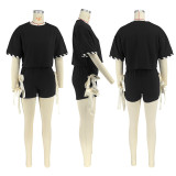 Casual Solid Color Strap Design O Neck Half Sleeve Two Pieces