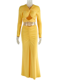 Temperament Pleated Hollow Navel-Exposing Long-Sleeved Top Solid Color Long Skirt Two-Piece Set