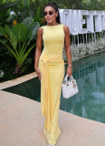 Temperament Solid Color Round Neck Sleeveless Backless Long Dress