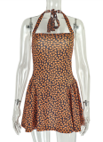 Women'S Pleated Printed Halter Neck Backless Short Dress