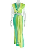 Green Pleated Hollow Slim V-Neck Tie Hip Dress