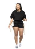 Casual Solid Color Strap Design O Neck Half Sleeve Two Pieces