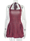 Women'S Pleated Printed Halter Neck Backless Short Dress