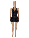 Sexy Polka Dot Print Halter Neck Vest with Ruffled Short Skirt Set