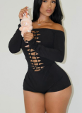 Black Sexy Solid Color Hollow Out Off Shoulder Skinny Rompers