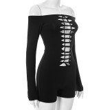 Black Sexy Solid Color Hollow Out Off Shoulder Skinny Rompers