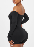Black Sexy Solid Color Hollow Out Off Shoulder Skinny Rompers