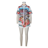 Casual Positioning Print Short-sleeved Shorts Color Matching Holiday Style Suit
