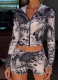 New Hooded Zipper Cardigan Jacket Slim Fit Shorts Printed Two-Piece Set