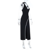 New Black Contrast Lace Decoration U-neck Slit Slim Fit Backless Dress
