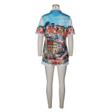Casual Positioning Print Short-sleeved Shorts Color Matching Holiday Style Suit