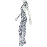 Grey Sexy Print O Neck Skinny Jumpsuits