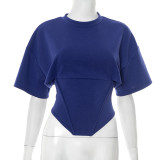 New Solid Color Round Neck Pullover Loose Waist Irregular Short Sleeve Top