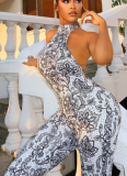 Grey Sexy Print O Neck Skinny Jumpsuits