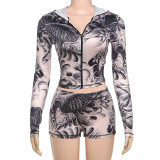 New Hooded Zipper Cardigan Jacket Slim Fit Shorts Printed Two-Piece Set