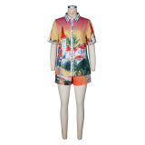 Casual Positioning Print Short-sleeved Shorts Color Matching Holiday Style Suit