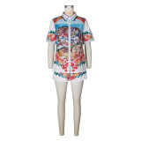 Casual Positioning Print Short-sleeved Shorts Color Matching Holiday Style Suit