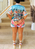 Casual Positioning Print Short-sleeved Shorts Color Matching Holiday Style Suit
