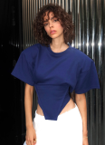 New Solid Color Round Neck Pullover Loose Waist Irregular Short Sleeve Top