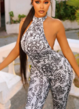 Grey Sexy Print O Neck Skinny Jumpsuits