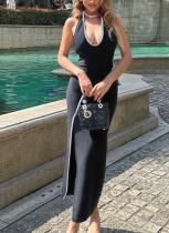 New Black Contrast Lace Decoration U-neck Slit Slim Fit Backless Dress