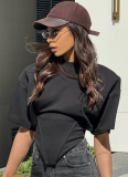New Solid Color Round Neck Pullover Loose Waist Irregular Short Sleeve Top