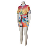 Casual Positioning Print Short-sleeved Shorts Color Matching Holiday Style Suit