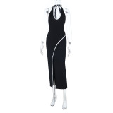 New Black Contrast Lace Decoration U-neck Slit Slim Fit Backless Dress