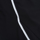 New Black Contrast Lace Decoration U-neck Slit Slim Fit Backless Dress