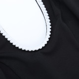New Black Contrast Lace Decoration U-neck Slit Slim Fit Backless Dress