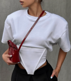 New Solid Color Round Neck Pullover Loose Waist Irregular Short Sleeve Top